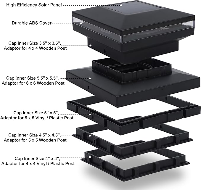 Dynaming 6 Pack Solar Post Cap Lights Outdoor Decorative Solar Lights Black Shell Caps Fit 4x4 5x5 6x6 Vinyl/Wooden Posts Brightness Warm White LED Lighting for Garden Fence Deck Patio