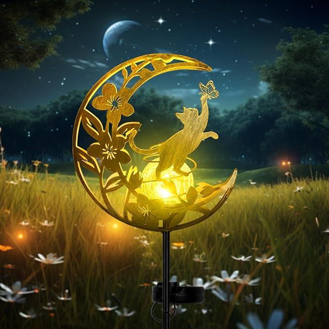 Cat Lights Outdoor Decor - Moon &amp Cat Sola Garden Lights Waterproof Auto On/Off Pathway Lighting for Yard/Lawn/Patio Handcrafted Metal Solar-Stake-Lights for Outside Decorations