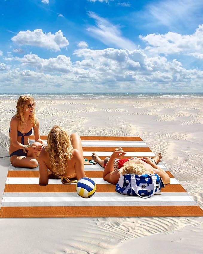 Beach Blanket Waterproof Sandproof OversizedModern Minimalist Orange Gray Stripe Beach Mat with Corner Stakes Sand PocketsAbstract Color Block Outdoor Picnic Mat for Travel Camping Hiking83x79In