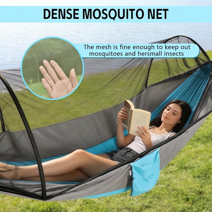 Camping Hammock with Mosquito Net - Double &amp Single Portable Hammocks with 2 Tree Straps Lightweight Hammock Tent for Outdoor Camping Hiking Backpacking Beach &amp Backyard (Blue)