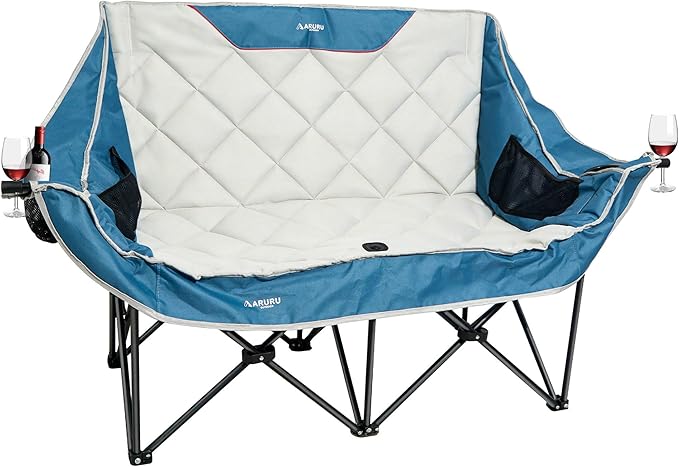 Double Camping Chair Padded Oversized Camping Loveseat for Adults 2 Person Couch Two Seat Support 600LBS Heavy Duty Folding Camp Lawns Chairs for Outdoor Beach Backyard Tailgating Sports
