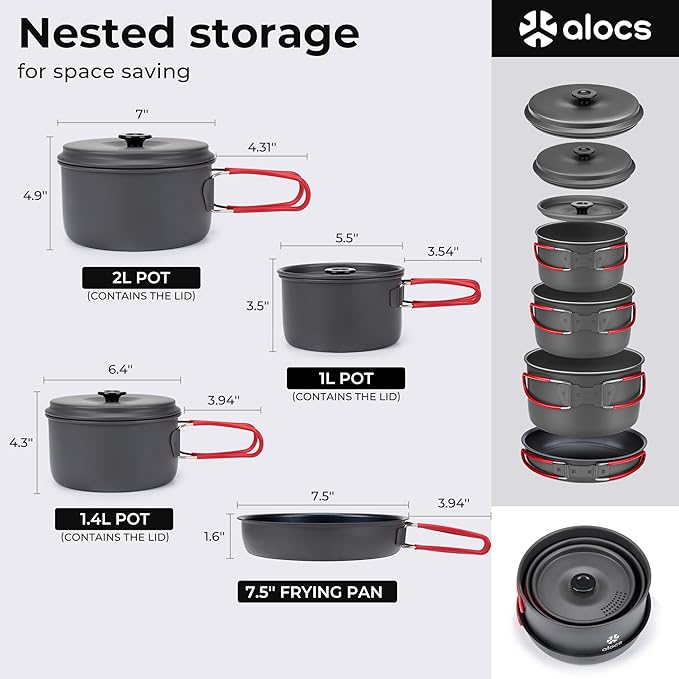 Alocs Camping Cookware Set Camping Gear Compact Camping Pots and Pans Set Durable Hard Alumina Camping Cooking Set for Outdoor Backpacking Camping Hiking Picnic Included Mesh Carry Bag