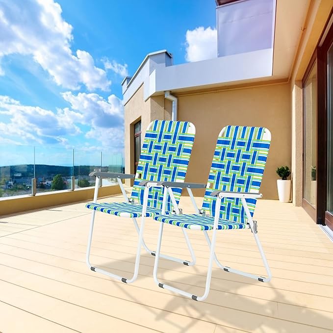 Bonnlo Foldable Patio Chair Set of 2 Heavy-Duty Steel Frame Supports 265 lbs/120 kg Ultra-Lightweight Portable for Travel Poolside Camping Beach (Green and Blue Crisscross Weave)