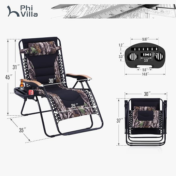 PHI VILLA XXL Oversized Padded Zero Gravity Chair Foldable Patio Recliner 30 Wide Seat Anti Gravity Lounger with Cup Holder Support 400 LBS (Camouflage)