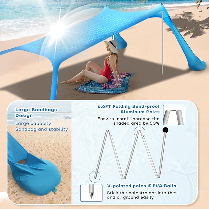Beach Tent Canopy UPF50+ Protection 10x10FT Beach Shade Sun Shelter Pop Up with 4 Stability Poles Sandbags Sand Shovels Ground Pegs Carrying Bag for Outdoor Family Camping Fishing Picnics