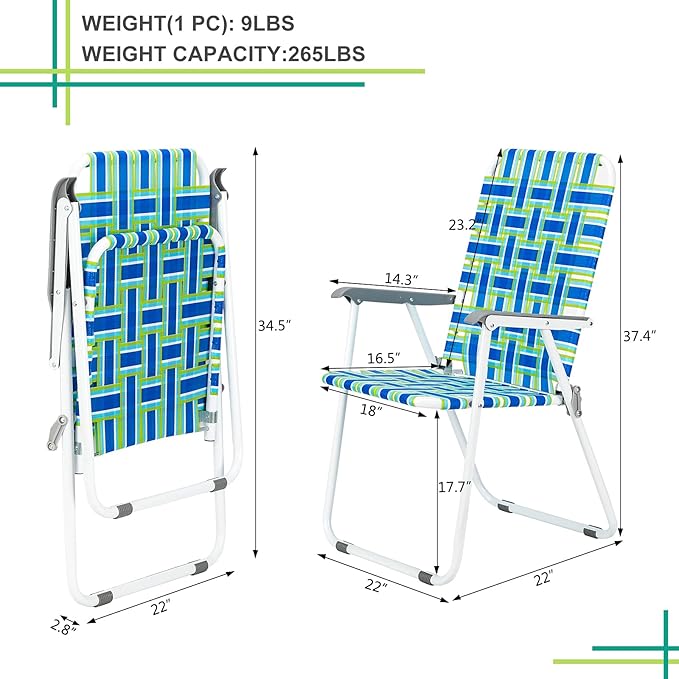 Bonnlo Foldable Patio Chair Set of 2 Heavy-Duty Steel Frame Supports 265 lbs/120 kg Ultra-Lightweight Portable for Travel Poolside Camping Beach (Green and Blue Crisscross Weave)