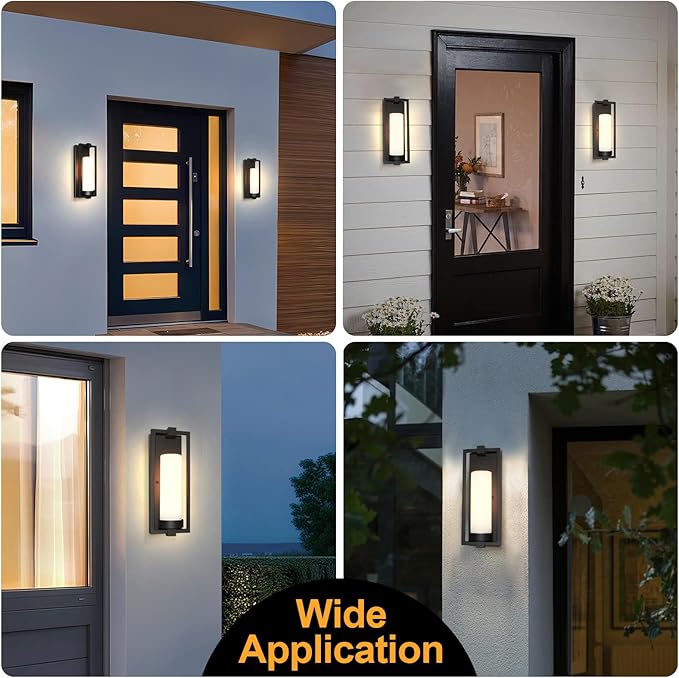 ALVIME Modern Black Outdoor Wall Light Fixtures 15 Inch 2 Pack Outdoor Wall Sconce for House Waterproof Exterior Lighting Fixtures for Garage Doorway Porch Patio E26 Base&ampEtched Opal Glass