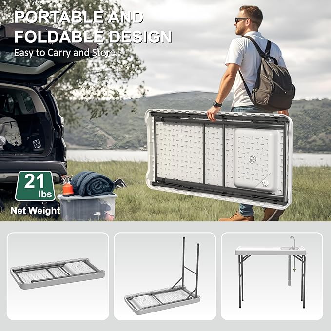 Fish Cleaning Table with Sink 42.5 Folding Camping Table &amp Fish Cleaning Station with Measure Mark Camping Sink with Hose Hookup for Outdoor Picnic Beach Dock &amp Patio Use