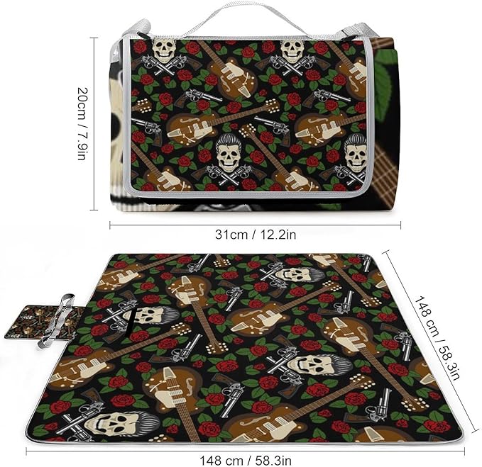 Vintage Halloween Black Victorian Gothic Skull Damask Waterproof Outdoor Picnic Blanket Sandproof Beach Mat for Camping Hiking Grass Travelling