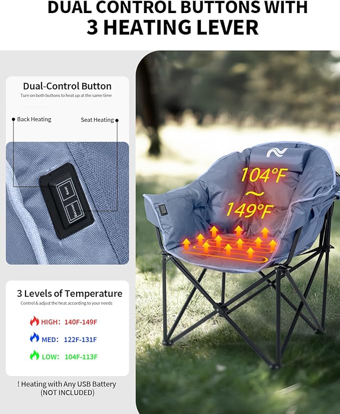 NAIZEA Heated Camping Chair Oversized Heated Folding Outdoor Chair for Adults with 3 Heat Levels Portable Foldable Patio Lounge Chair for Sports Outdoors Camp Battery NOT Included