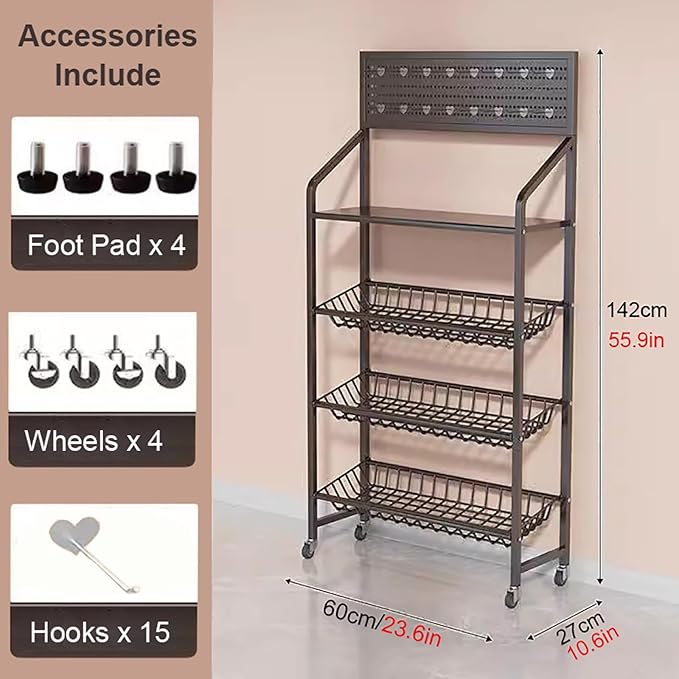 Supermarket Snacks Shelf with 15 Hooks &amp Wheels Large-Capacity Commercial Concession Stand for Drinks/Can/Toys/Candy Display Easy to AssembleBlack-4-Layer 60x27x142cm
