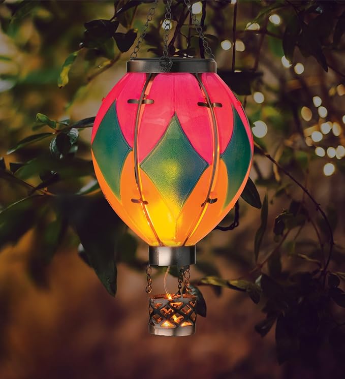 Regal Art &amp Gift Hot Air Balloon Solar Lantern – Hanging Solar-Powered LED Lights Waterproof Portable Decorative Outdoor Lamp Made of Metal &amp Glass for Garden Patios &amp Pathway – Diamond