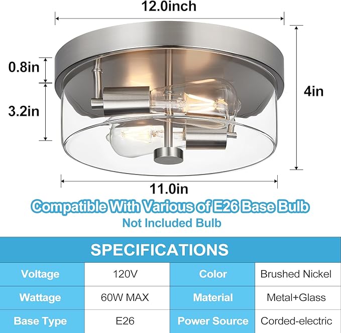 Flush Mount Ceiling Light Fixtures 2-Light 12 Inch Brushed Nickel Close to Ceiling Light Fixtures with Clear Glass Shade Ceiling Light Fixture for Porch Hallway Bathroom Dining Room and