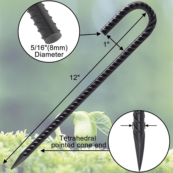 VVOKGO Rebar Stakes 12 Inches J Hook Heavy Duty Chain Link Fence Stakes 32 Pcs Metal Long Tent Spikes Ground Anchors for Wire Fencing Dogs Digging Camping Tents Swings Greenhouse Black