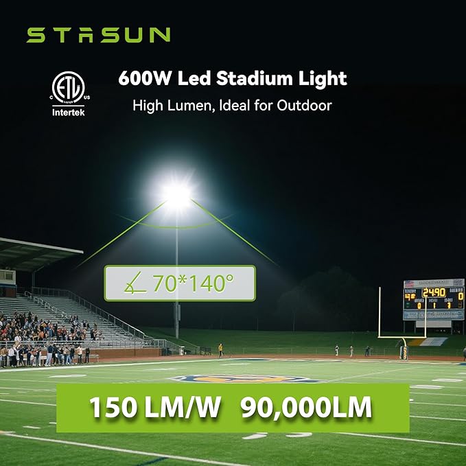 STASUN Pro 6 Series 600W 90000LM LED Stadium Light Outdoor Flood Light ETL Certified 100V–277V 5000K Daylight IP66 Waterproof for Sports Field Riding Arena Parking Lot Warehouse Commercial Area