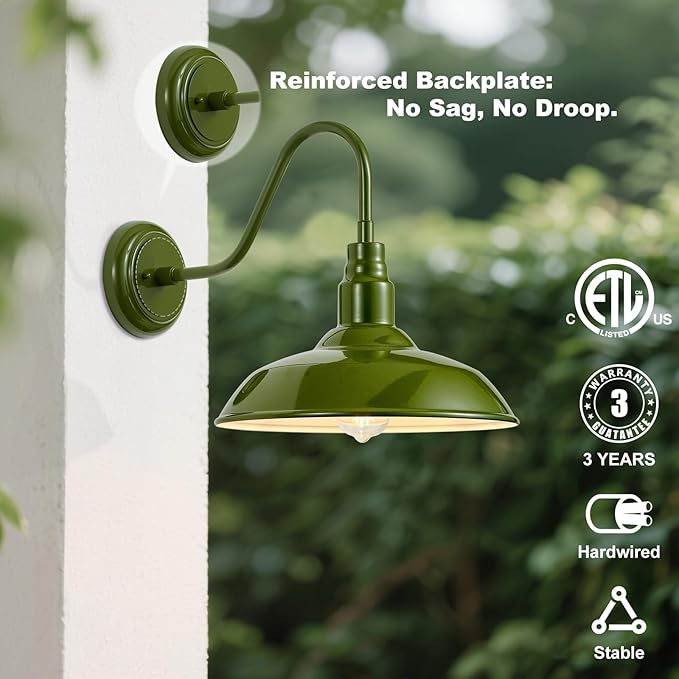 14 Inch Dome Outdoor Gooseneck Barn Lights Olive Green Farmhouse Exterior Wall Lights for Porch 2Pack Patio Barn Style Wall Mount Gooseneck Lighting for House Garage