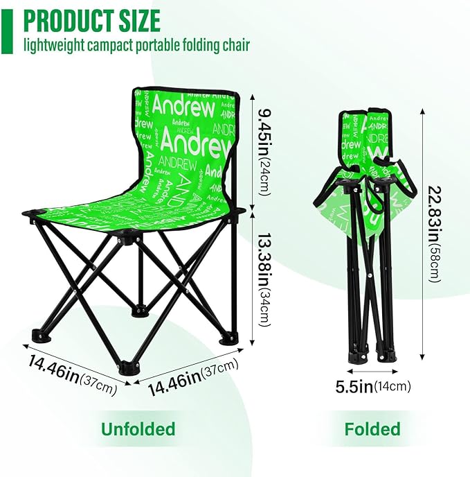 Lime Custom Folding Camping Chair for Teen Child Personalized Name 14.6×14.6in Portable Outdoor Chair with Carry Bag for Beach Picnic Barbeques