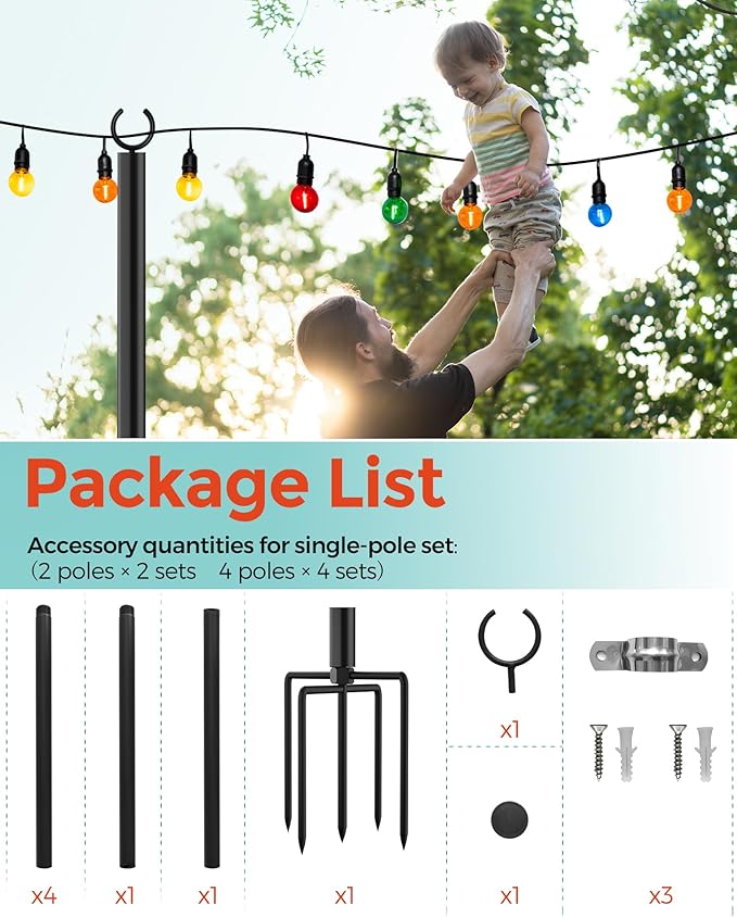 LAND·VOI 2 Pack String Light Poles 9FT Heavy Duty Metal Light Poles for Outside String Lights Outdoor Light Poles with 5 Prong Fork Lighting Stand for Patio Backyard Garden Deck Black FLP12B