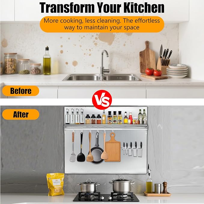 30x30 Stainless Steel Range Backsplash for Stove Hood Wall Mount Panel with Storage Shelf &amp Knife Rack Commercial Backsplash Shield Pre-Drilled Holes for Easy Installation