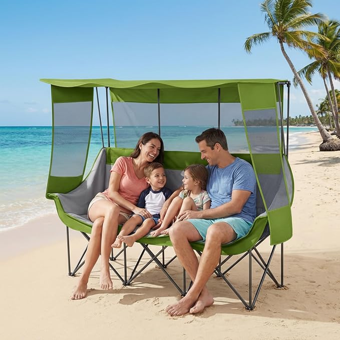 3 Person Camping Chair with Canopy Shade 700lbs Heavy Duty Oversized Beach Camping Chair with Thick Cushion Cup Holder and Carry Bag Foldable Portable Sofa for Lawn Beach Outdoor(Green)