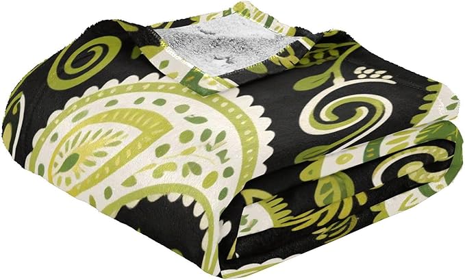 Soft Throw Blanket Olive Green Paisley Flower Boho Black Couch Blanket 50x70 Inches