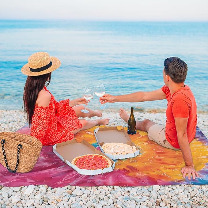 Waterproof Sandproof Beach Blanket 59''×68'' Pattern Tie Dye Polyester Outdoor Picnic Blanket with 4 Stakes &amp Storage Bag for BeachCampingVacation Red &amp Orange
