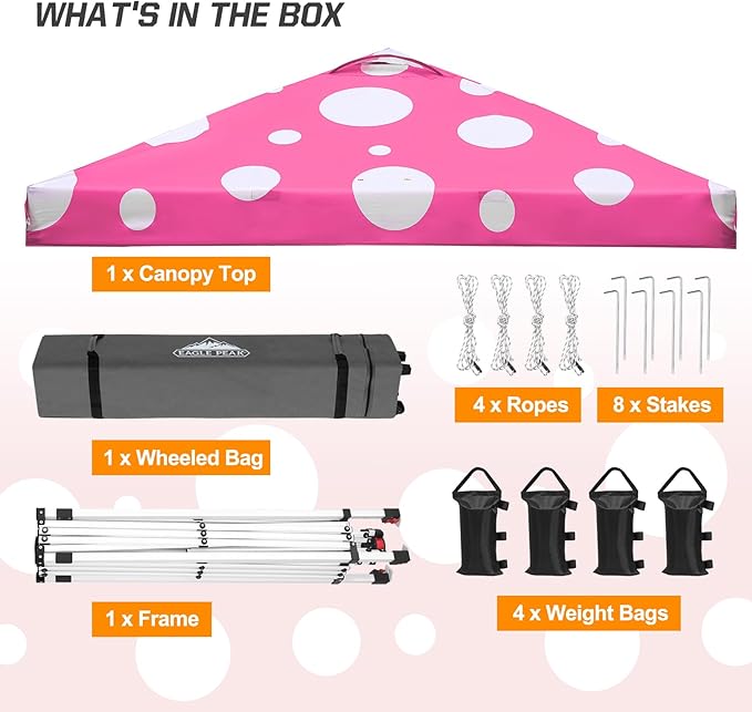 EAGLE PEAK Pop Up Canopy Tent with Wheeled Carry Bag 8 Stakes 4 Ropes 4 Weight Bags Easy Set Up Tent Canopy 10x10 ft 100sqft of Shade Pink Mushroom