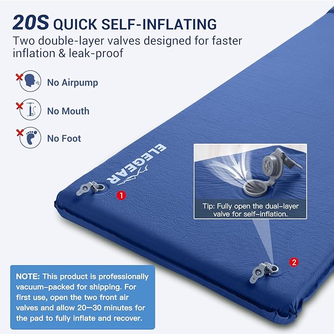 Elegear CumbreX™ Self Inflating Sleeping Pad 3.15 Ultra-Thick Memory Foam Camping Pad with Pillow Fast Inflating in 20s Insulated Camping Mattress Pad 4-Season Camp Sleeping Mat for Camp/Travel/Tent