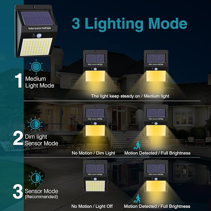 10 Pack Solar Motion Lights - 3 Modes/100LED Outdoor Security Lights - Wireless IP65 Waterproof - Warm White for Front Door Backyard Garage Deck