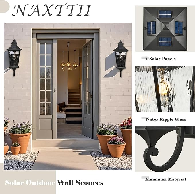 Waterproof Solar Sconces Lights Outdoor with Remote Control 20.9 Inch Height Large Size Solar Wall Lights with Water Ripple Glass Dusk to Dawn Outdoor Lighting Include LED Bulb
