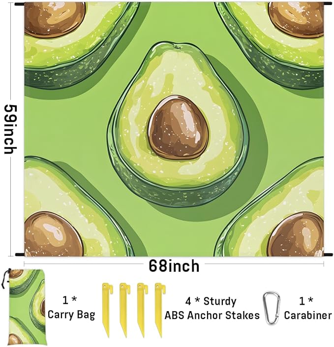 Waterproof Sandproof Beach Blanket 59''×68'' Fruit Avocados Polyester Outdoor Picnic Blanket with 4 Stakes &amp Storage Bag for BeachCampingVacation Green