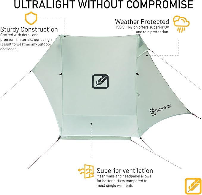 Featherstone Backbone Ultralight Tent for Backpacking Camping Thru Hiking - Trekking Pole Backpacking Tent - Waterproof Single-Wall Durable Shelter - Compact Light &amp Easy to Carry