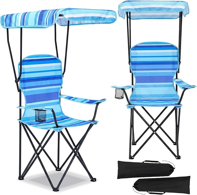 2 Pack Beach Chair with Canopy Shade Folding Camping Chairs with Canopy Portable Weather Resistant Lawn Chair with Cup Holder for Camping Beach Travel Picnic Fishing Sports