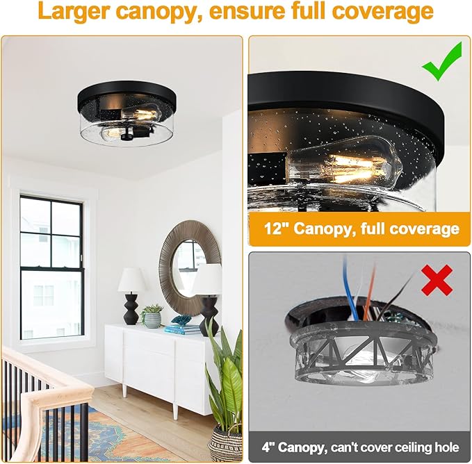 Black Flush Mount Ceiling Light Fixtures 2-Light Ceiling Mount for Farmhouse with Seeded Glass Lampshade Industrial Flush Mount Light Fixture Farmhouse for Hallway Kitchen Entryway and Foyer