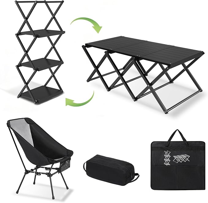 Camping Table and Chairs Set 2-in-1 Aluminum Folding Table with 3-Tier Storage Rack Heavy Duty Portable Camp Kitchen for Outdoor Camping Hiking Beach