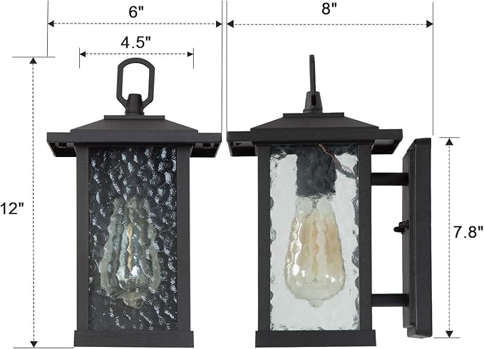 LALUZ Rectangle Outdoor Light Fixtures Wall Mount Weather-Proof Porch Lights Outdoor with Water Ripple Glass Anti-Rust Outdoor Wall Lantern for Patio Yards Garden Front Door Matte Black Finish