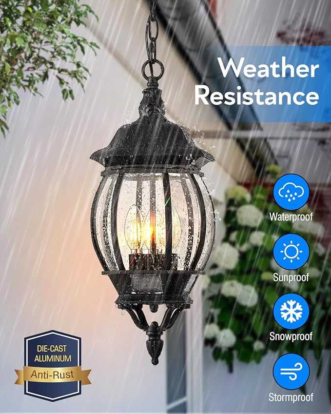 VIANIS 3-Light Large Pendant Light Fixtures Modern Exterior Hanging Lantern Light Waterpoof Matter Black Outdoor Chandelier for Porch with Adjustable Chain Outdoor Ceiling Lights for Front Patio