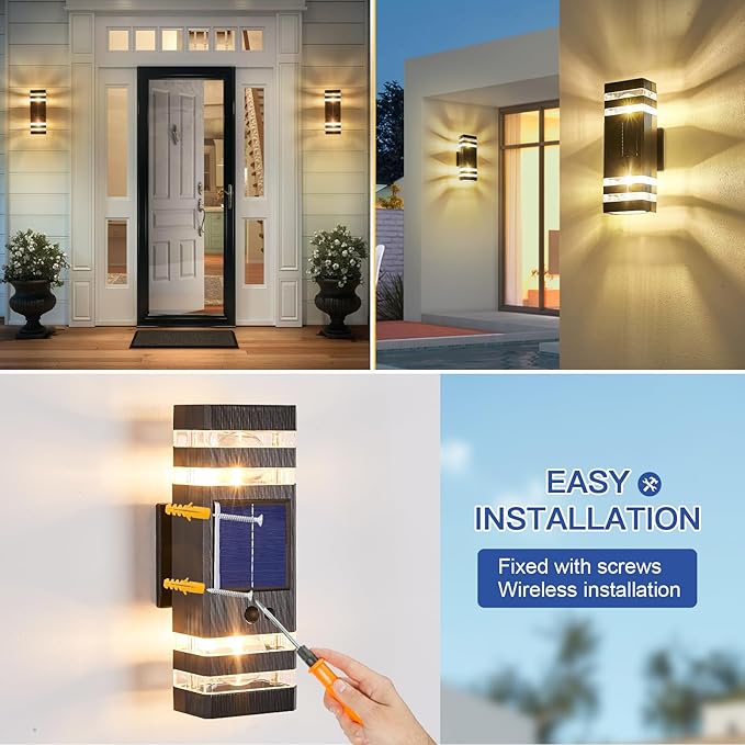 2 Pack Solar Outdoor Wall Lights with 3-Mode Motion Sensor Outside Sconces Up Down Solar Porch Light Fixtures 3000K 500LM Dusk to Dawn Modern Exterior Wall Lamp for House Garage Front Door