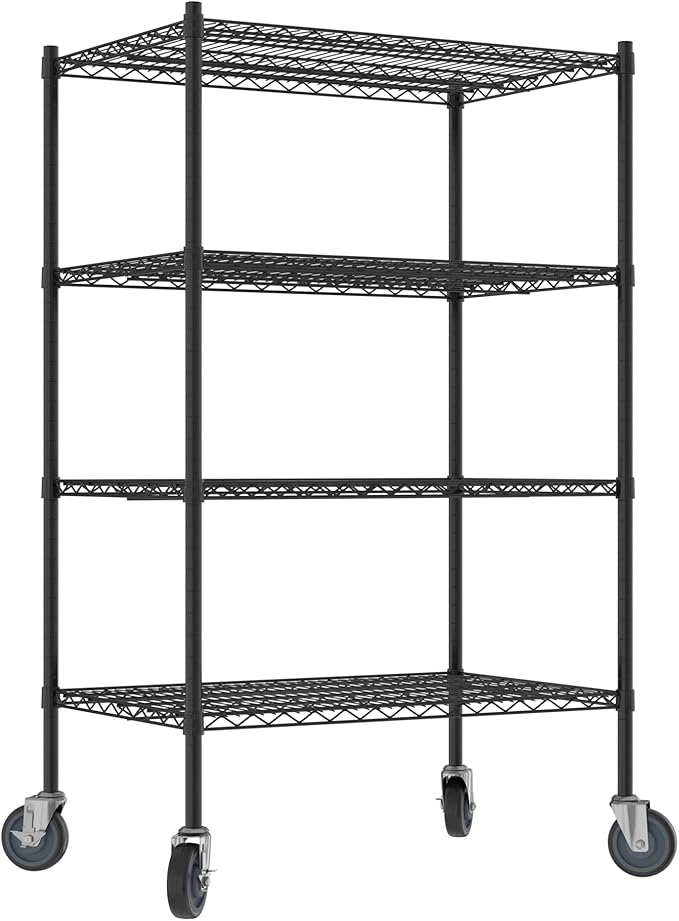 Commercial NSF Listed Black Epoxy Mobile Wire Shelving Kit 24 x 36 x 60 with 4 Shelves Perfect for Warehouse Walk-in Refrigerator Freezer Grocery Store Restaurant Dishroom