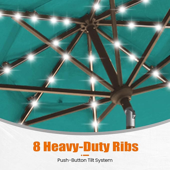 EliteShade USA 10-Year-Non-Fading 10Ft 3 Layers Market Umbrella with 80 LED Lights Patio Umbrella Outdoor Table Umbrella with Ventilation(Teal)