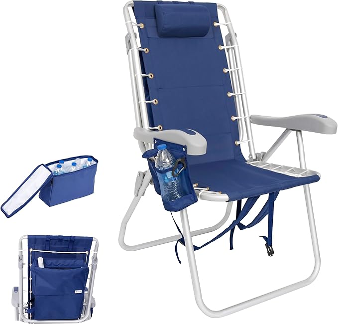 Ultimate Heavy Duty High Seat Aluminum Folding Backpack Beach Chair for Adults | Lay Flat 5 Reclining Positions | Removable Insulated Cooler Pouch | 300 lbs Weight Capacity