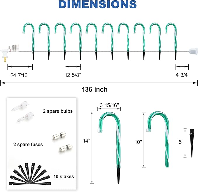 10 Christmas Candy Cane Lights - Set of 10 Pathway Markers Christmas Outdoor Yard Decorations Green Xmas Candy Cane Stake Lights for Lawn Walkway Garden Xmas Party Indoor Ornaments