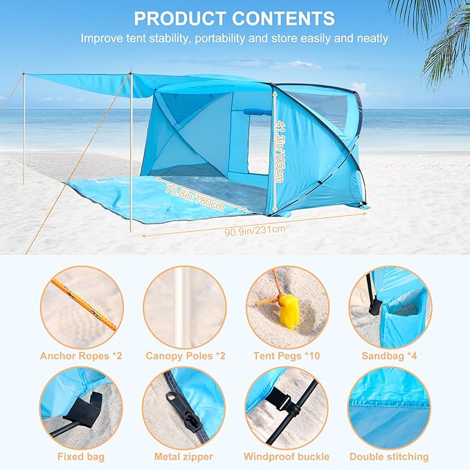 Beach Tent with Canopy Beach Cabana Sun Shelter for 4-6 Person Lightweight Portable Beach Cabana with UPF 50+ Sun Shelter and Ventilation Windows Ideal for Family Fun and Outdoor Camping