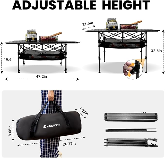 KINGROCK Camping Table Foldable Height Adjustable Aluminum Roll Up Table with Easy Carry Bag for Outdoor Camping Backyard BBQ Beach and Picnic (Black)