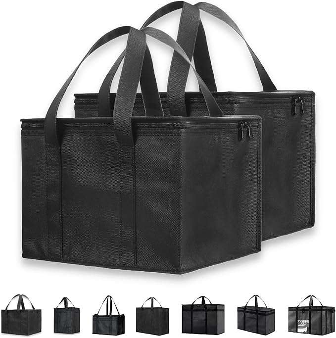 NZ home Insulated Bags for Food Delivery (Medium) Grocery Shopping Cooler Bag Pizza Delivery Hot &amp Cold Catering Tote Reusable Foldable &amp Heavy Duty (2 Pack Black)