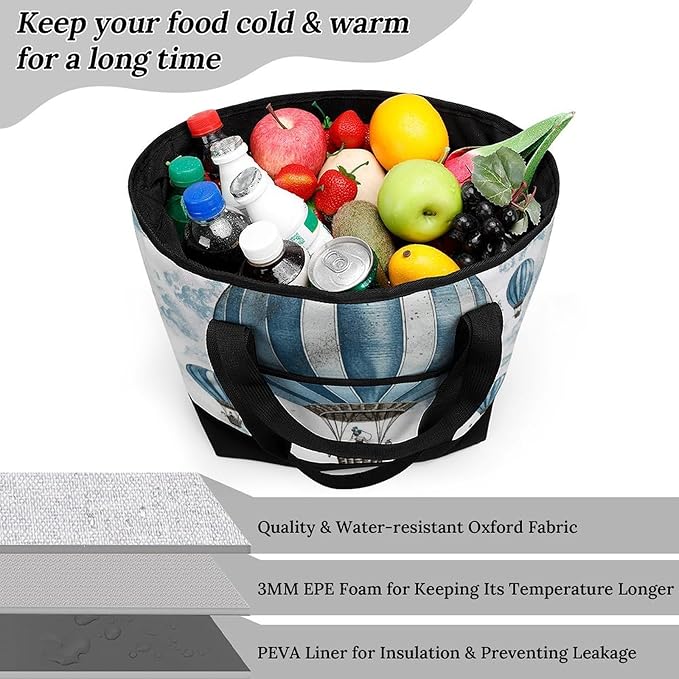 Insulated Shopping BagLarge Reusable Cooler Bags Blue Hot Air Balloon Printed Foldable Shopping BagTravel Waterproof Shoulder Bag