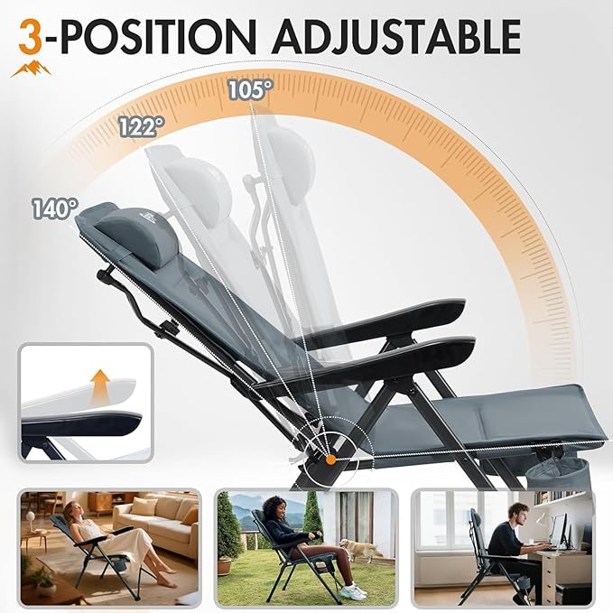 Portal Reclining Camping Chair with Adjustable Back Folding Camp Recliner for Adults Portable High Back Oversized 350LBS 2-Pack