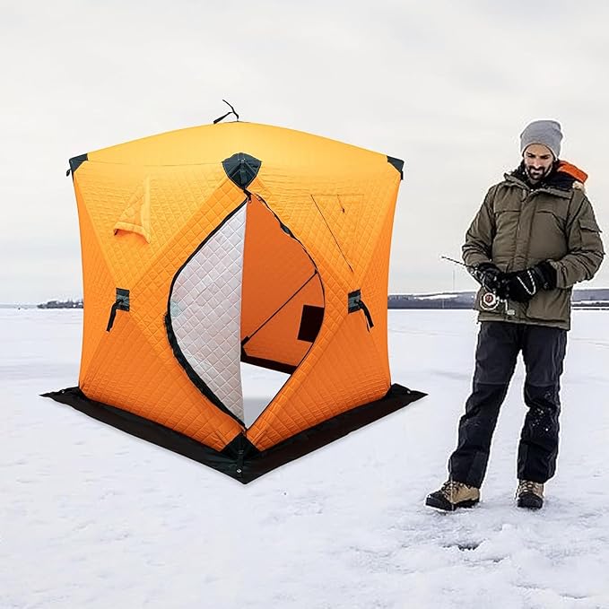 Portable Ice Fishing Tent 3 Person Shelter with Windproof Fabric Strips Protect Against Water/Cold Wind 35 Square Feet Insulated Area for Winter Fishing - Orange