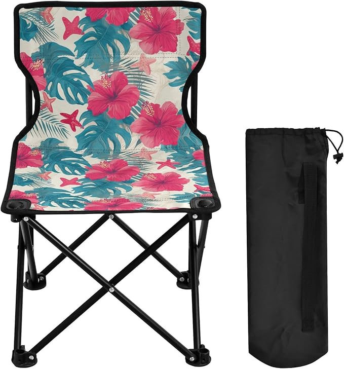 KLL Tropical Leaves Red Hibiscus Flowers Starfish Hawaiian Packable Beach Chairs Ultra-Lightweight Compact Folding Chair with Carrying Bag Outdoor Chairs for Outdoor Ice Fishing