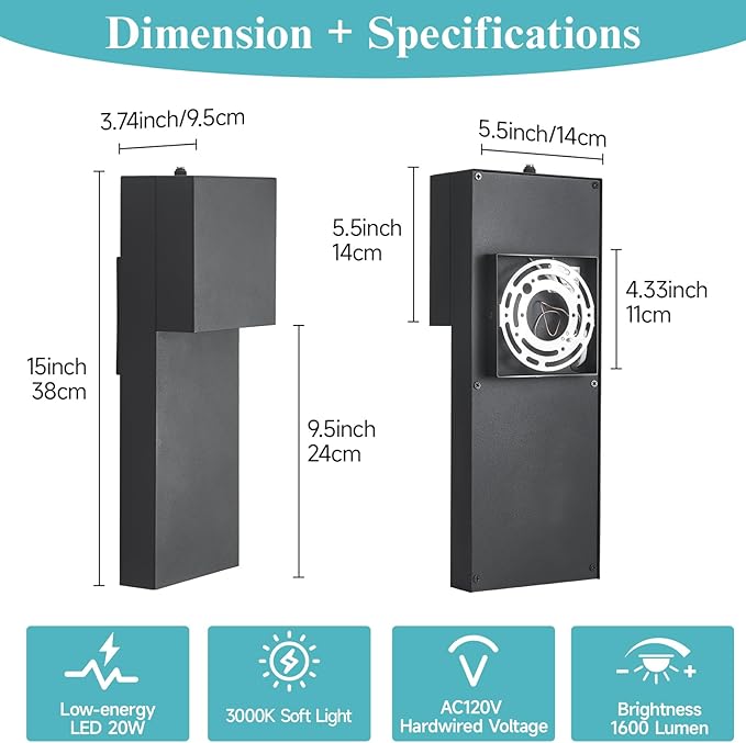 15 Dusk to Dawn Outdoor Lighting Modern LED Outdoor Wall Sconce 20W Sensor Lights for Outside 3000K Outdoor Light Fixtures Wall Mount Anti-Rust Black Finish Outdoor Lights for House